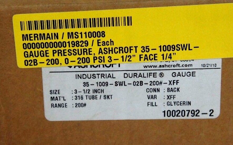NIB ASHCROFT 35-1009-SWL-02B-200#-XFF GLYCERIN PRESSURE GAUGE  0-200PSI 3 1/2"