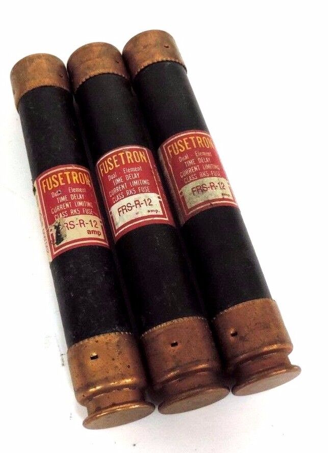 LOT OF 3 FUSETRON FRS-R-12 DUAL ELEMENT TIME DELAY FUSES 12 AMP, FRSR12