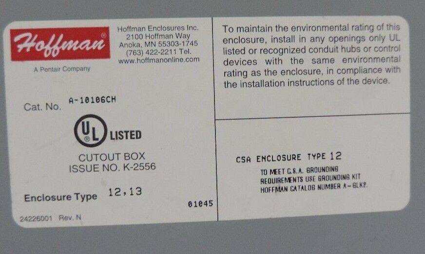 HOFFMAN A-10106CH ENCLOSURE JIC BOX TYPE 12 10X10X6, A10106CH