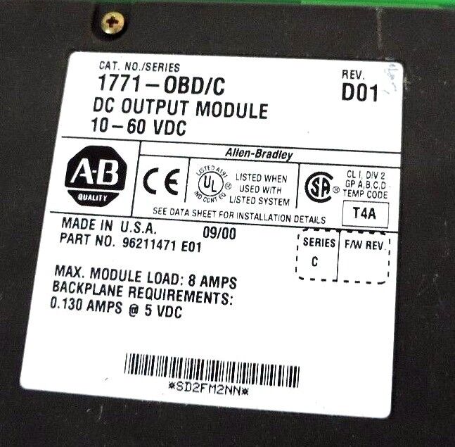 ALLEN BRADLEY 1771-OBD/C REV. D01 DC OUTPUT MODULE 10-60 VDC 1771OBD REV. E01