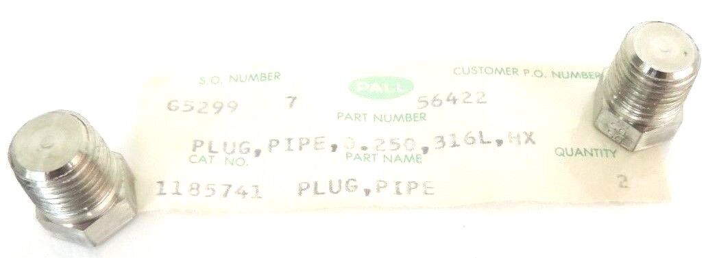 LOT OF 2 NEW PALL 1185741 PLUG, PIPE, 0.250, 316L, HX