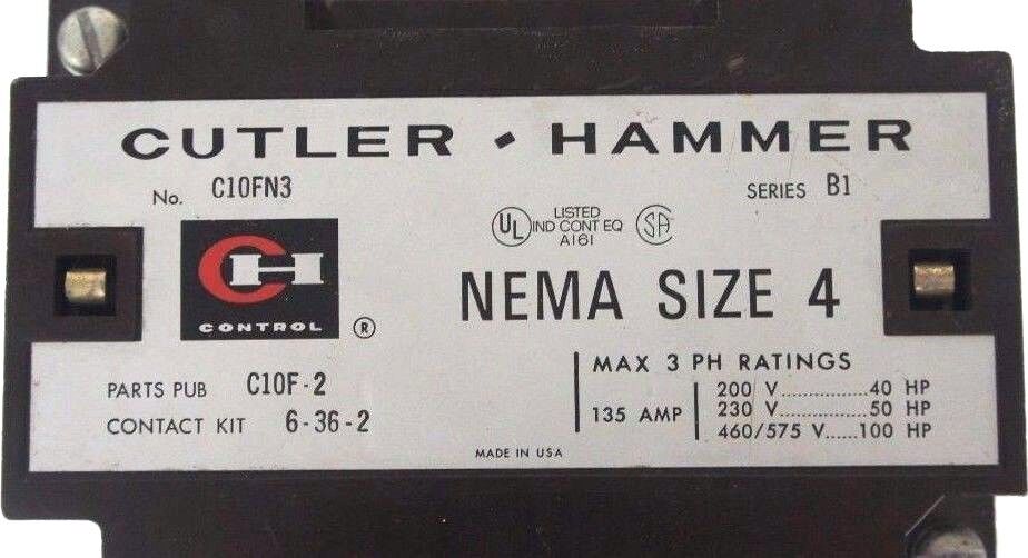 CUTLER HAMMER C10FN3 NEMA SIZE 4 CONTACTOR SER. B1, 6-36-2 CONTACT KIT