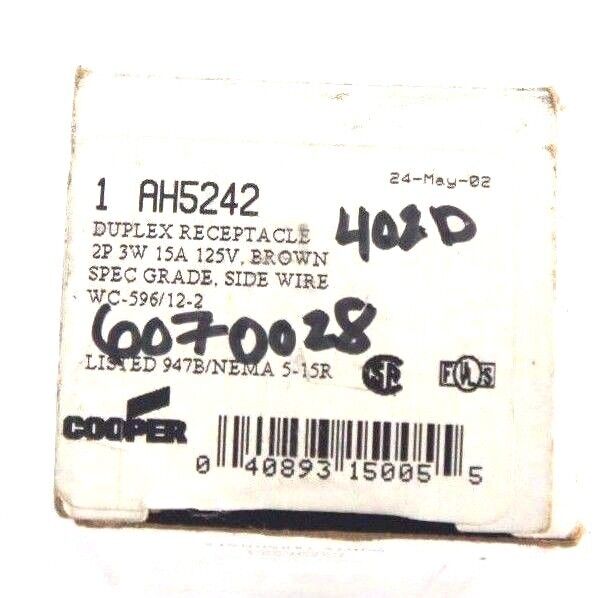 NIB ARROW HART AH5242 DUPLEX RECEPTACLE 2P, 3W, 15A, 125V, BROWN