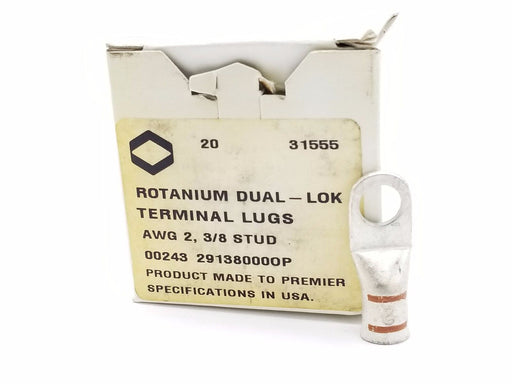 NEW BOX OF 20 ROTANIUM DUAL-LOK AWG 2, 3/8 STUDS TERMINAL LUGS 31555