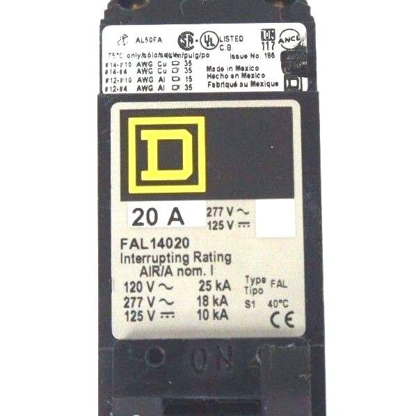 NIB SQUARE D FAL14020 MOLDED CASE CIRCUIT BREAKER 20A, 1 POLE, 125-277V