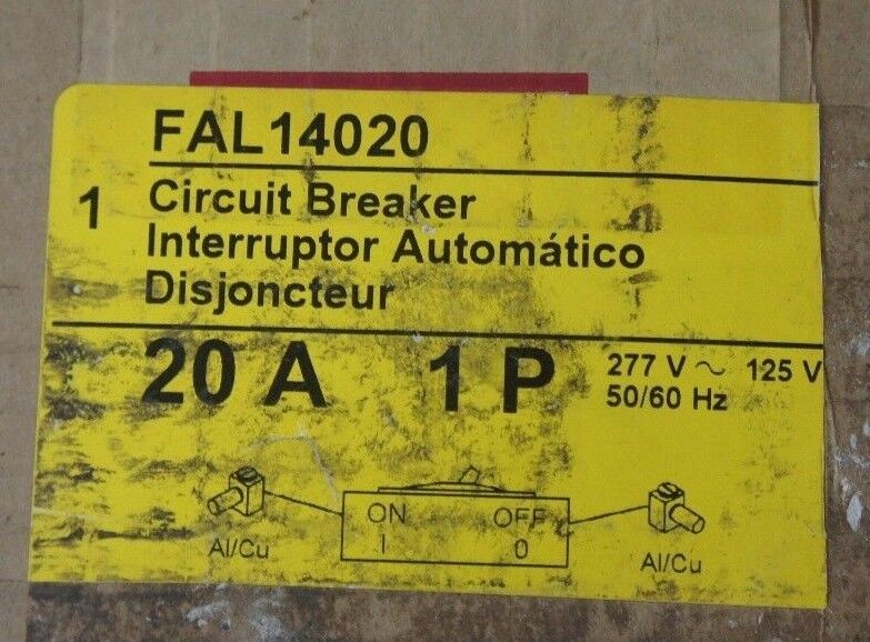NIB SQUARE D FAL14020 MOLDED CASE CIRCUIT BREAKER 20A, 1 POLE, 125-277V
