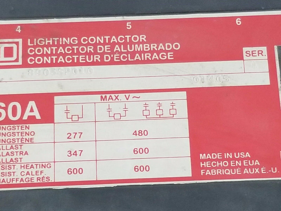 SQUARE D 8903SPO10 LIGHTING CONTACTOR, 60A, SERIES A