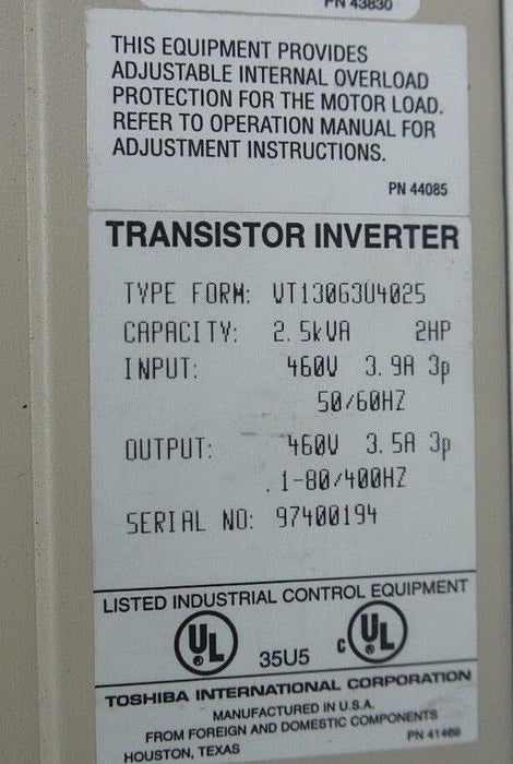 TOSHIBA VT130G3U4025 TRANSISTOR INVERTER 2.5KVA, 2HP, 460V ENCLOSURE ONLY