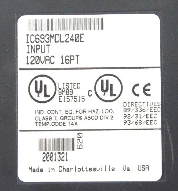GE FANUC IC693MDL240E INPUT MODULE 120VAC INPUT 16PT MISSING DOOR & LENS