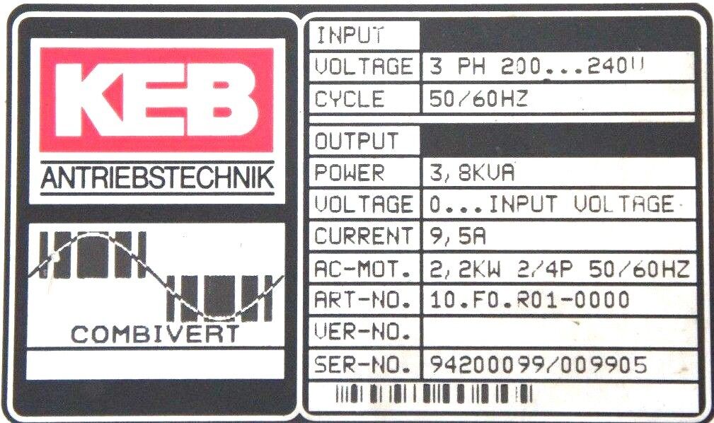 KEB 10.F0-R01-0000 FREQUENCY CONVERTER DRIVE 3PH 200...240V, 50/60HZ