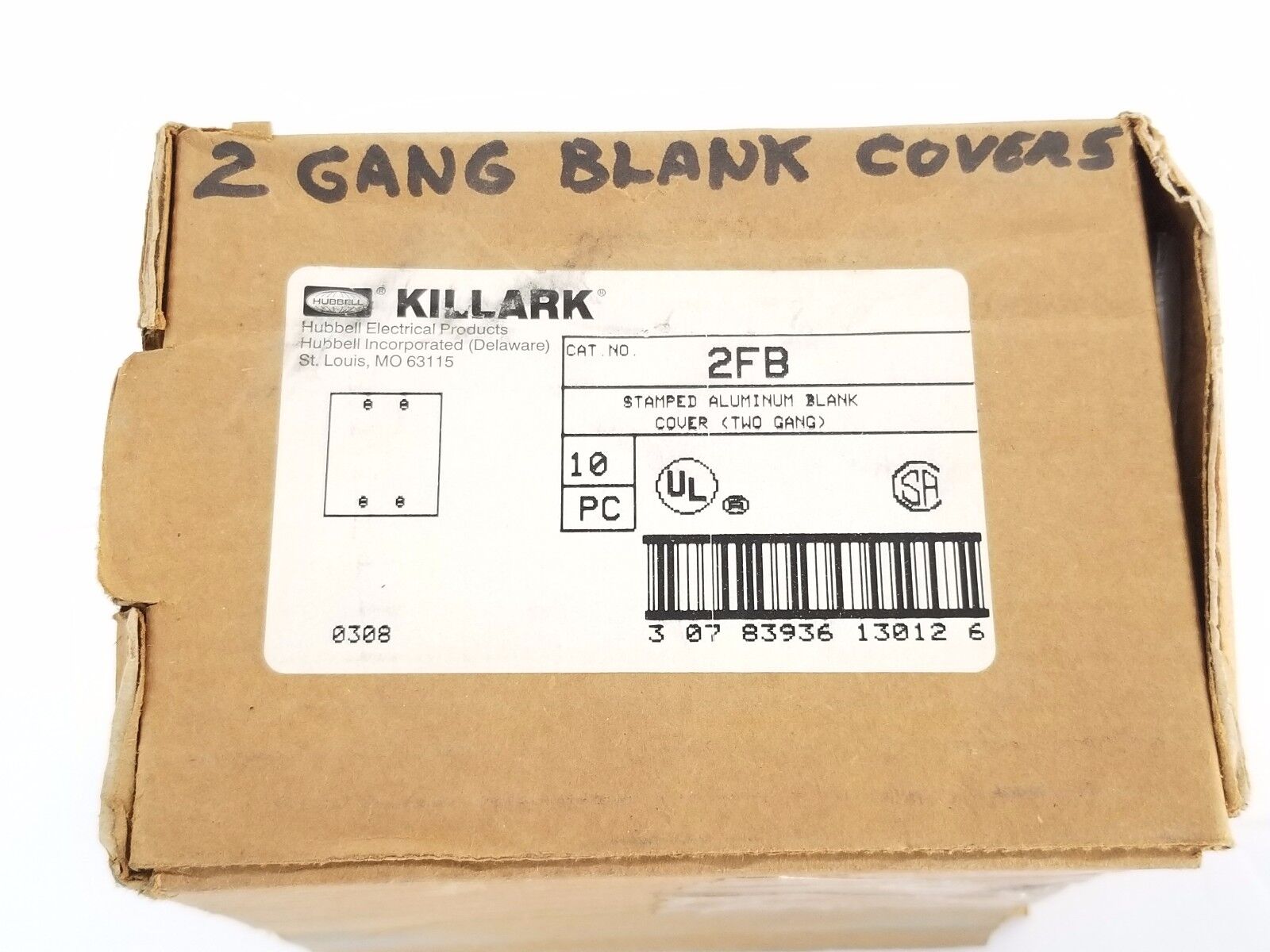 BOX OF 10 NEW HUBBELL KILLARK 2FB STAMPED ALUMINUM BLANK COVERS (2 GANG)