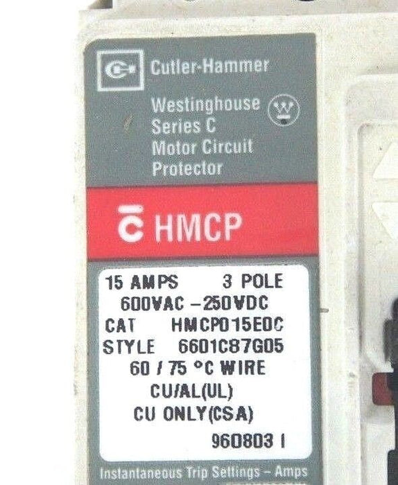 CUTLER HAMMER HMCP0150C CIRCUIT BREAKER STYLE 6601CB7G05 SER. C, 15 AMP, 3 POLE