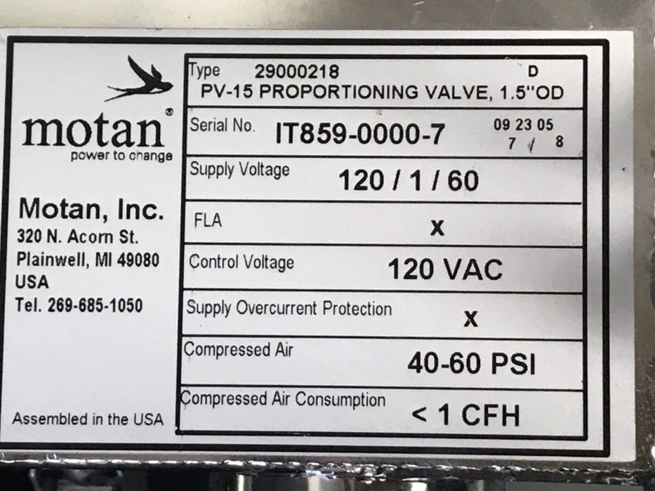 MOTAN PV-15 PROPORTIONING VALVE, 1.5" OD, TYPE 29000218