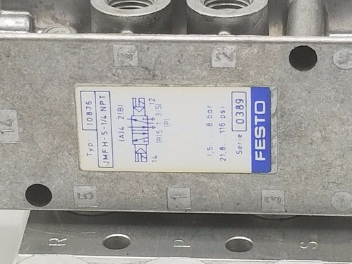 FESTO SOLENOID BLOCK VALVE ASSEMBLY JMFH-5-1/4-NPT, 10876, 0389 W/MSFW-110 COILS