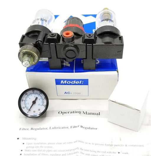 NIB NULINE AC-1500 MINI FILTER REGULATOR ASSEMBLY W/ GAGE - 1/8" PIPE POLY BOWL
