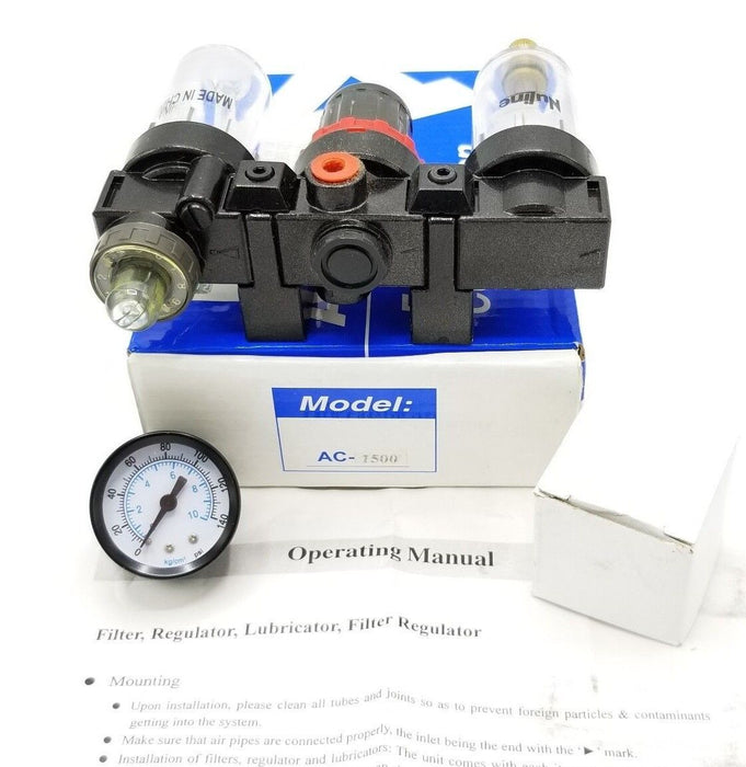 NIB NULINE AC-1500 MINI FILTER REGULATOR ASSEMBLY W/ GAGE - 1/8" PIPE POLY BOWL