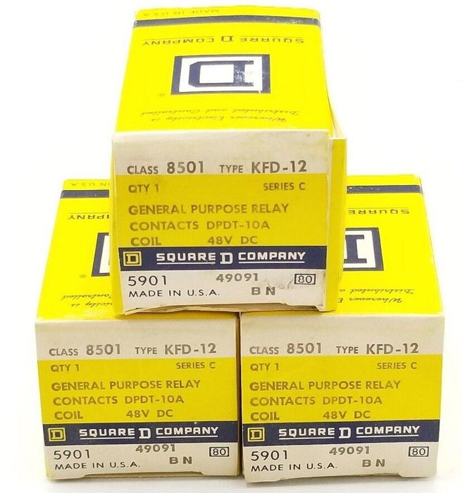 LOT OF 3 NIB SQUARE D 8501-KFD-12 RELAYS 48VDC, 2PDT, DPDT-10A, SER C, 8501KFD12
