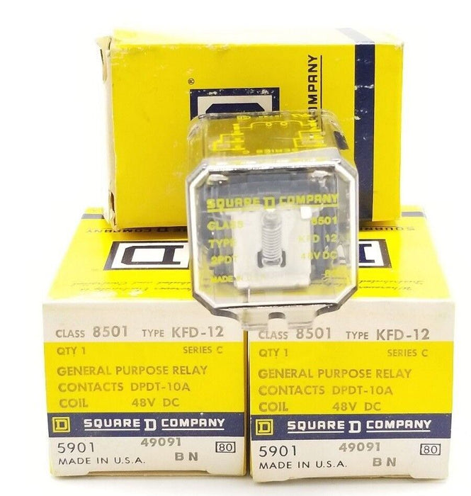 LOT OF 3 NIB SQUARE D 8501-KFD-12 RELAYS 48VDC, 2PDT, DPDT-10A, SER C, 8501KFD12