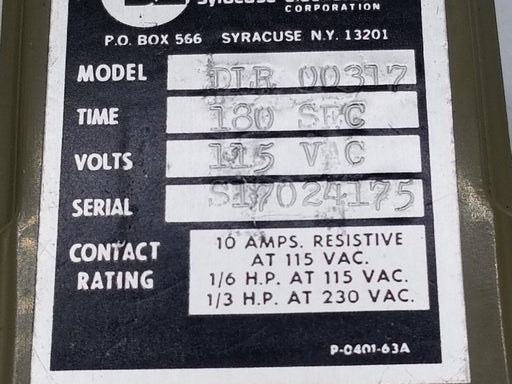 SYRACUSE ELECTRONICS DLR-00317 TIME DELAY RELAY 180SEC, 115VAC, DLR00317