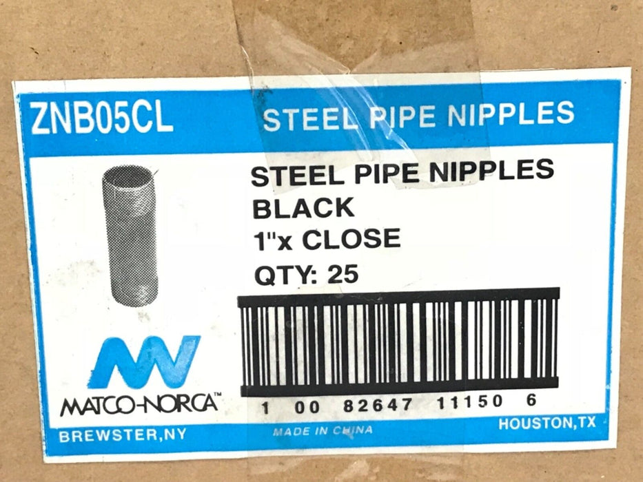 BOX OF 25 NEW MATCO-NORCA ZNB05CL STEEL PIPE NIPPLES, BLACK, 1" X CLOSE