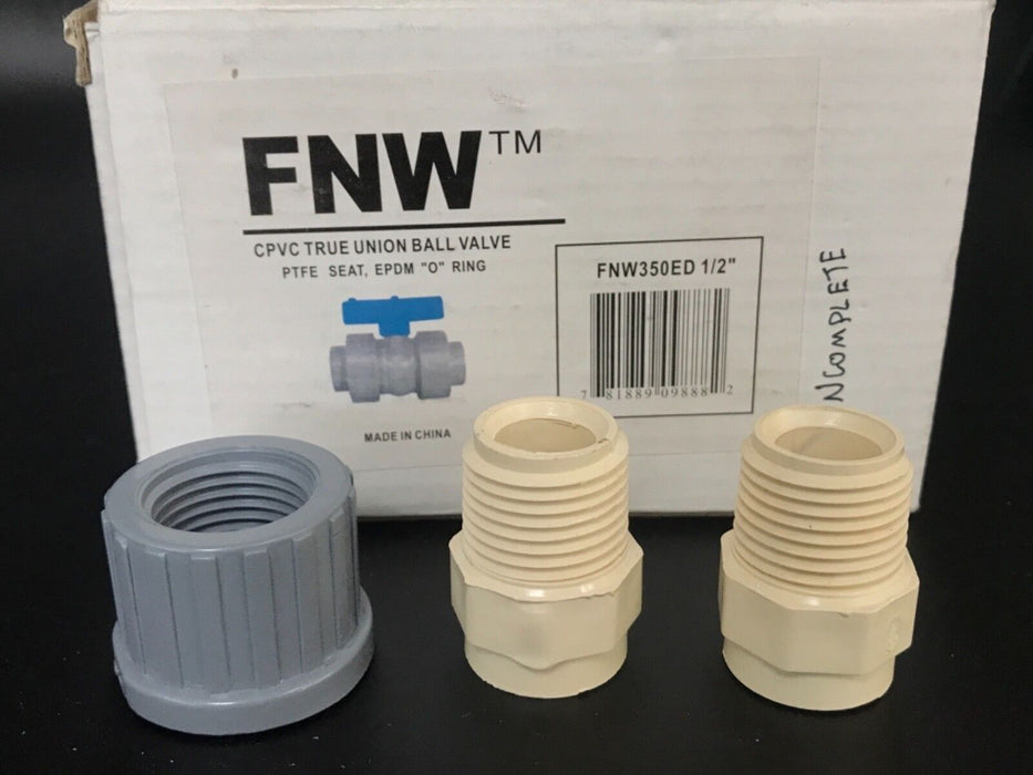 NIB FNW FNW350ED 1/2" CPVC TRUE UNION BALL VALVE 150PSI, FNW350E *MISSING PART*