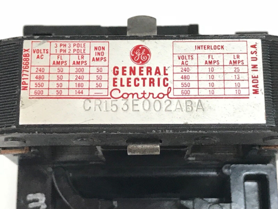 GENERAL ELECTRIC CONTROL CR153E-002ABA CONTACTOR 50AMP 110VAC 60HZ, CR153E002ABA