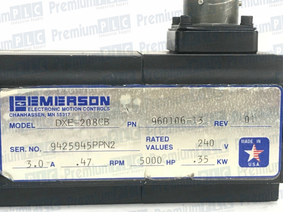 EMERSON DXE-208CB SERVO MOTOR 240VAC 5000RPM 3A .47HP, 960106-13 REV 01 DXE208CB