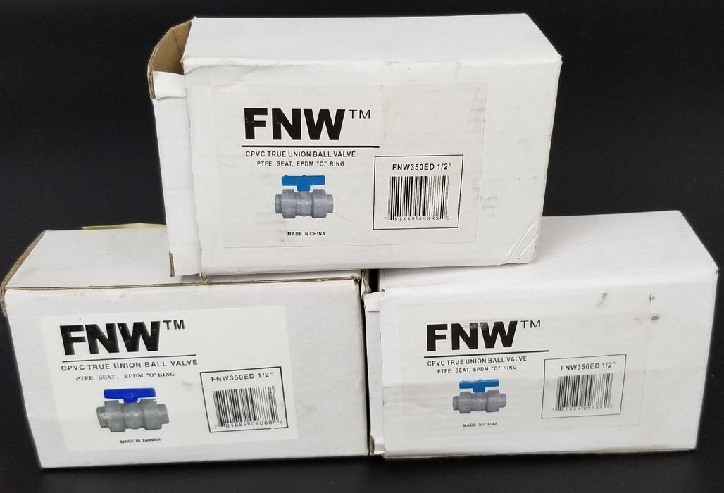 LOT OF 3 NIB FNW FNW350ED 1/2" CPVC TRUE UNION BALL VALVES 150PSI, FNW350E