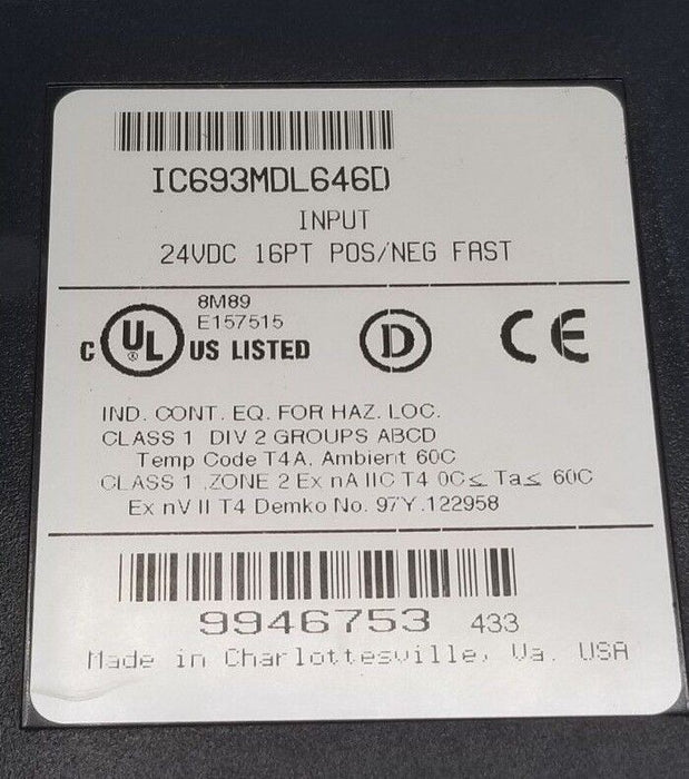 GE FANUC IC693MDL646D INPUT MODULE 24VDC, 16PT, IC693MDL646