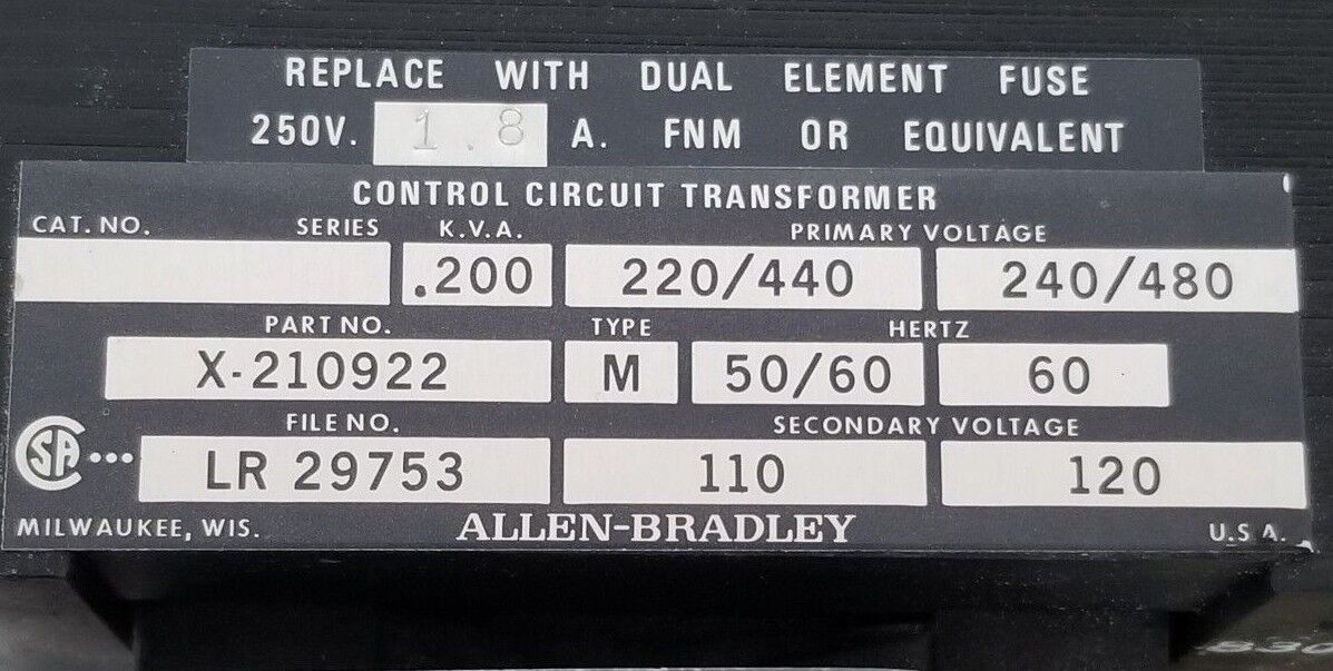 ALLEN BRADLEY 509-DOD STARTER ASSEMBLY W/ X-210922 TRANSFORMER, AAE-A201-0 RELAY