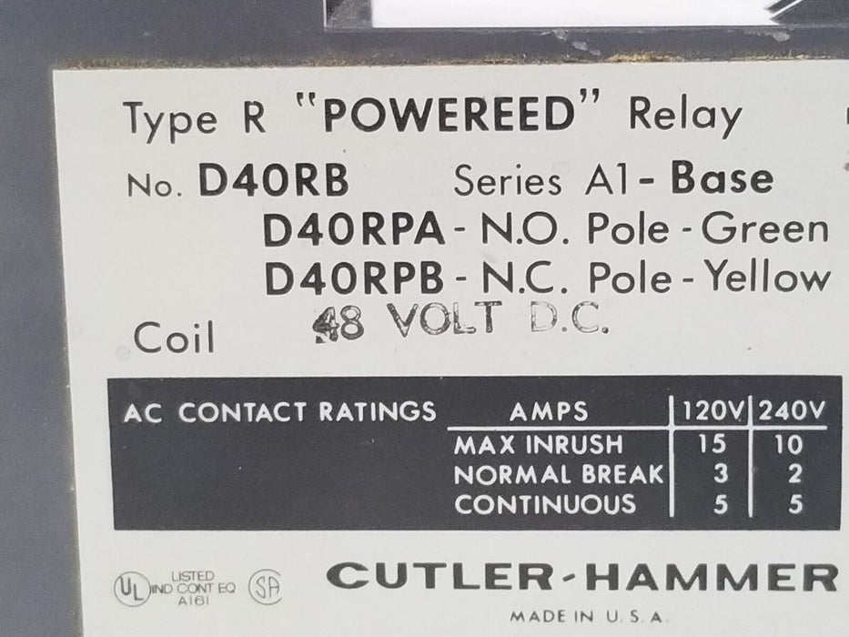 CUTLER-HAMMER TYPE R POWERED RELAY NO. D40RB, SER. A1