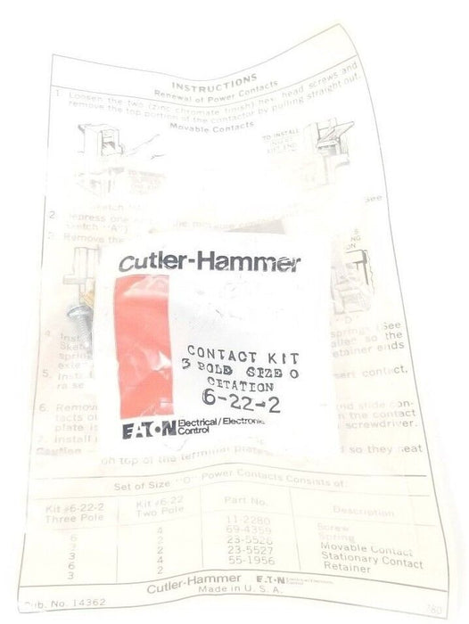 LOT OF 2 NIB EATON CUTLER-HAMMER 6-22-2 CONTACT KITS 3-POLE, SIZE 0, 6222