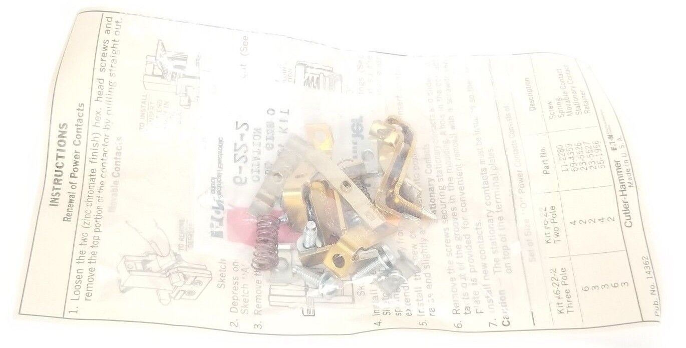 LOT OF 2 NIB EATON CUTLER-HAMMER 6-22-2 CONTACT KITS 3-POLE, SIZE 0, 6222