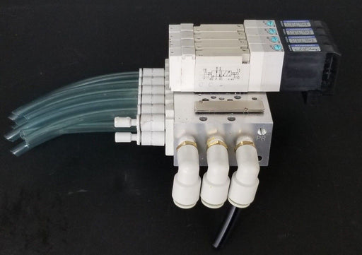 KOGANEI F10M6AJ MANIFOLD W/ FOUR F10T1-CPL3 SOLENOID VALVES, DC24V