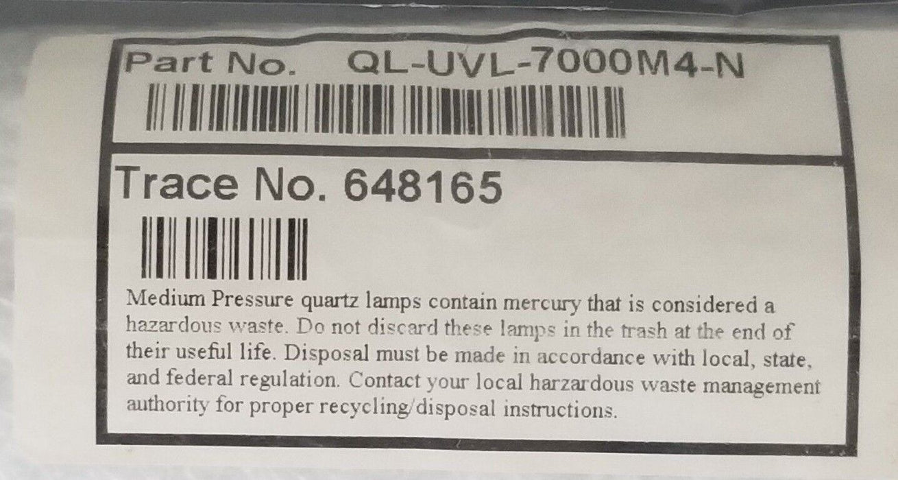 NEW UV TECH PIONEER QL-UVL-7000M4-N QUARTZ LAMP 648165, QLUVL7000M4N