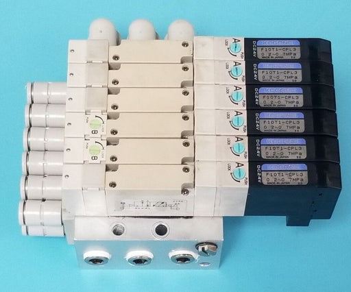 KOGANEI F10M6AJ BASE W/ 6 F10T1-CPL3 SOLENOID VALVES DC24V