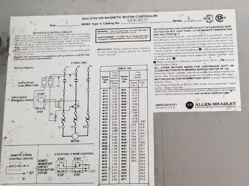 ALLEN BRADLEY 509-BCD MOTOR CONTROLLER SER. B W/ 509-BOD STARTER 120V/60HZ CB236