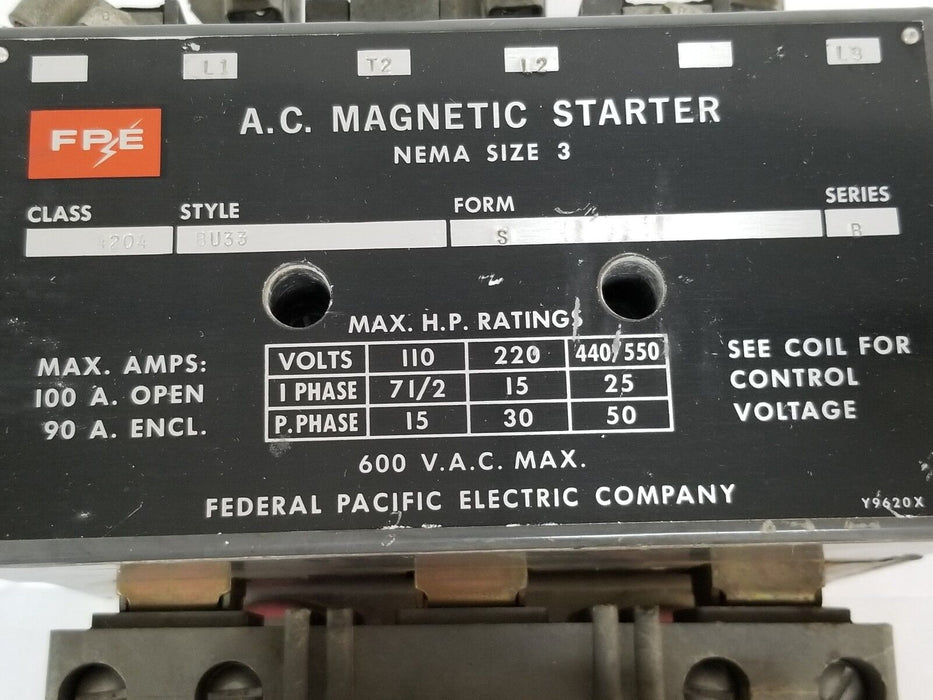 FEDERAL PACIFIC 4204-BU33-S MAGNETIC STARTER 110V, 60C, SER. B, 4204-BU33