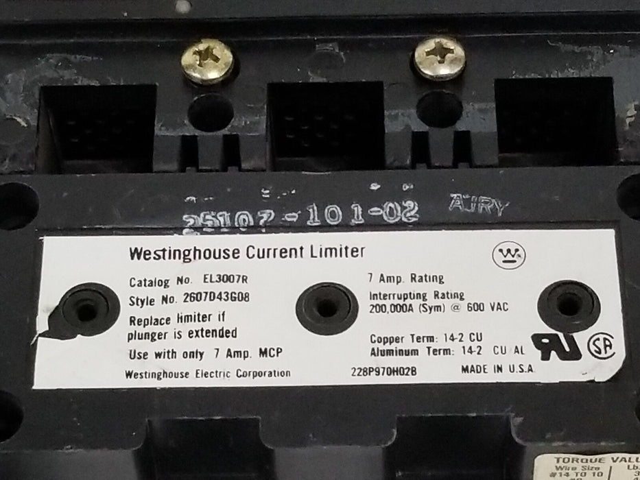 WESTINGHOUSE 2607D80G03 CIRCUIT BREAKER MCP0358CR , 7AMP 3POLE 600VAC, EL3007R