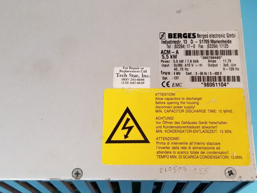 BERGES ELECTRONICS D-51709 SERVO DRIVE ACM-A 5,5 KW 7.8 KVA, 11,70A