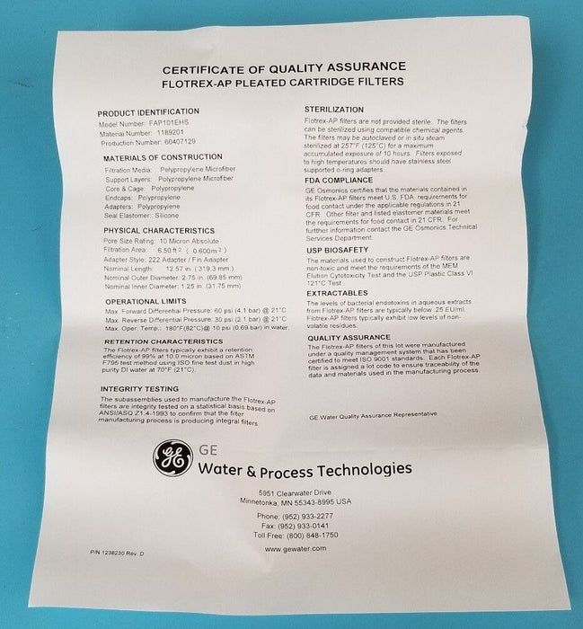 NEW GENERAL ELECTRIC / FLOTREX FAP101EHS PLEATED FILTER CARTRIDGE 1189201