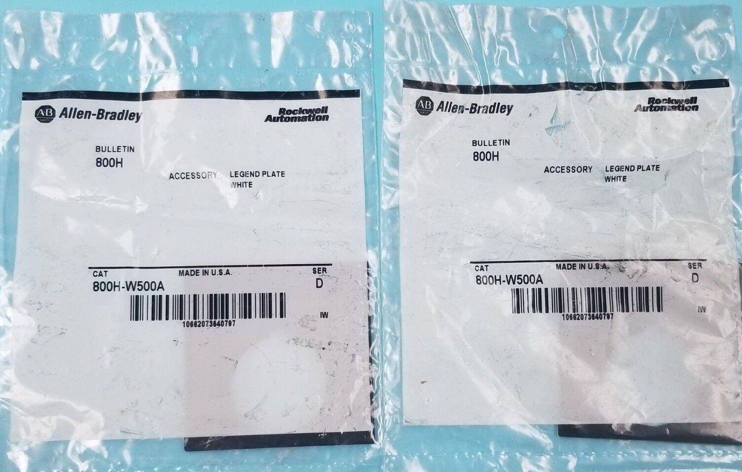 LOT OF 2 ALLEN BRADLEY 800H-W500A LEGEND PLATE WHITE SER. D, 800HW500A