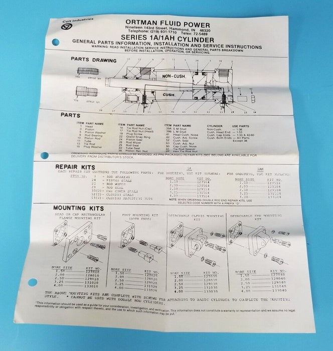 NEW ORTMAN FLUID POWER 129564 REPAIR KIT
