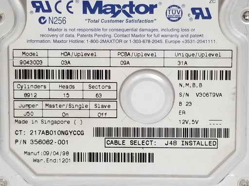 MAXTOR 90430D3 3.5" ITE HARD DRIVE 4.3GB, 356062-001