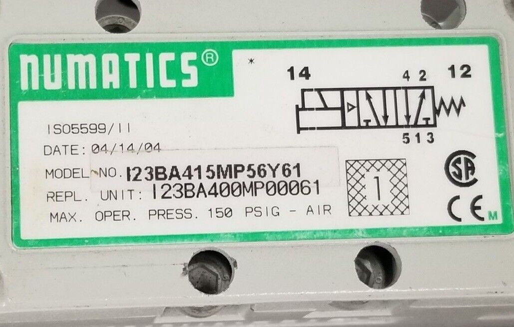 NUMATICS I23BA415MP56Y61 SOLENOID METRIC VALVE W/ BASE MANIFOLD I23BA400MP00061
