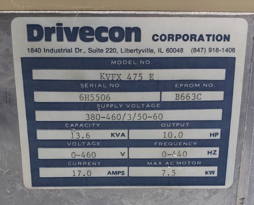 DRIVECON KVFX-475-E TRANSISTOR INVERTER 380-460V, 50-60HZ, 17A, 10HP, KVFX475E