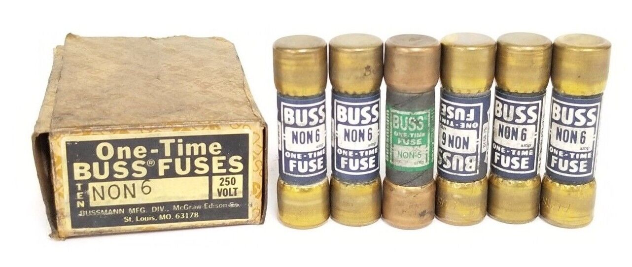 LOT OF 6 COOPER BUSSMANN NON 6 ONE-TIME FUSES NON6, 6AMP, 250VAC