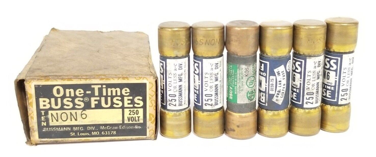 LOT OF 6 COOPER BUSSMANN NON 6 ONE-TIME FUSES NON6, 6AMP, 250VAC