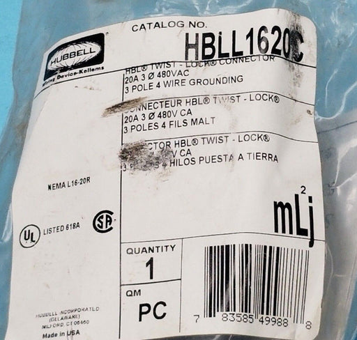 NEW HUBBELL HBLL1620C TWIST-LOCK CONNECTOR 20A, 3-POLE, 4-WIRE
