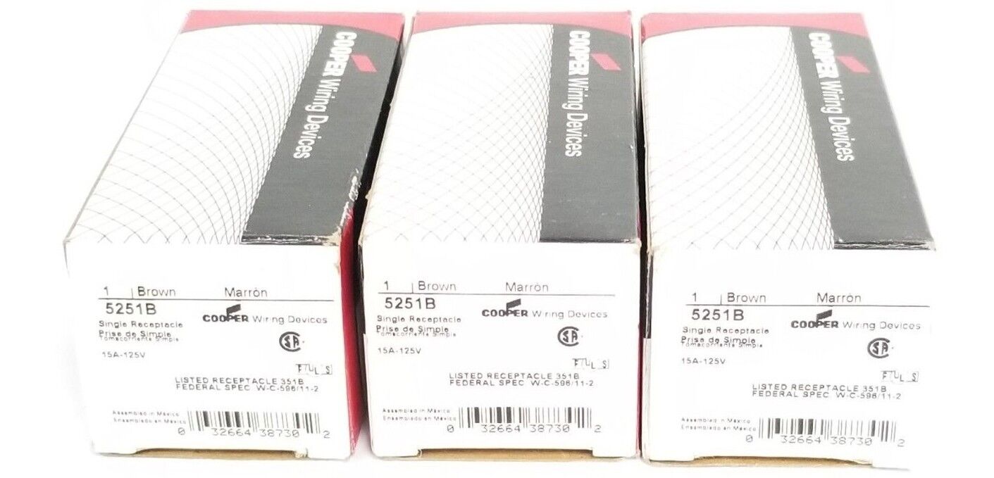 LOT OF 3 NIB COOPER 5251B SINGLE RECEPTACLES 15A-125V